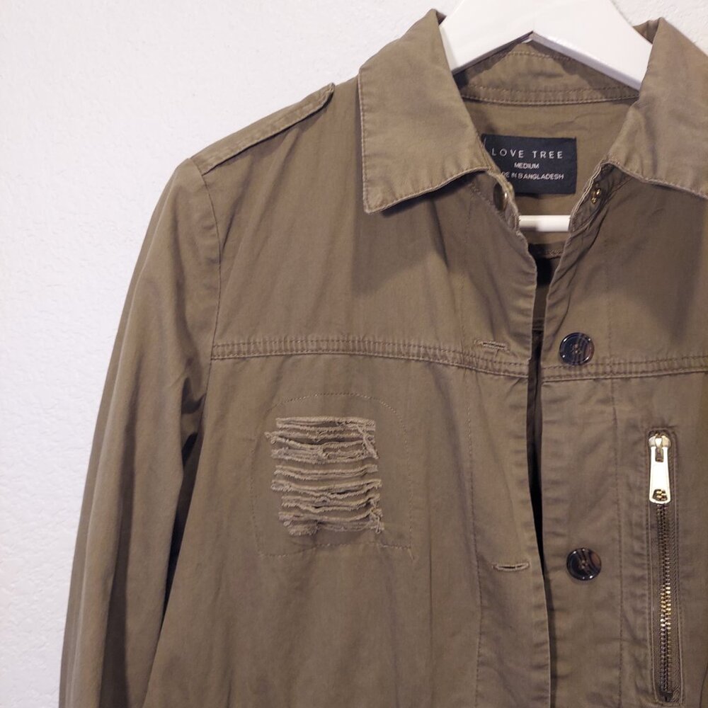 Love Tree Distressed Utility Jacket Olive Green Cargo Coat Size M - Picture 3 of 9